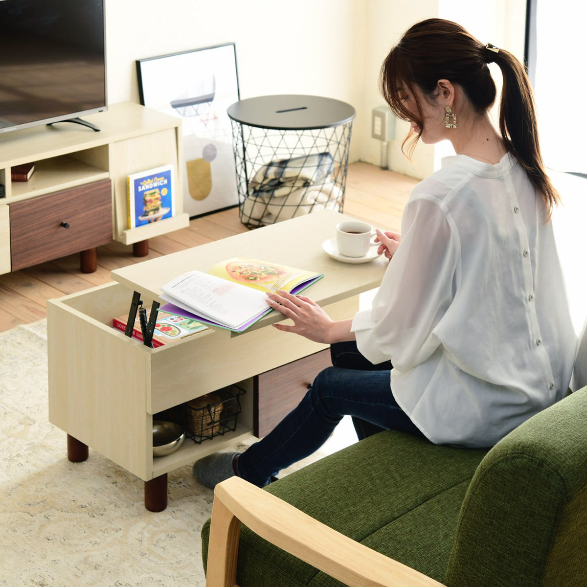 リフトアップテーブル センターテーブル ツートーン 幅65cm