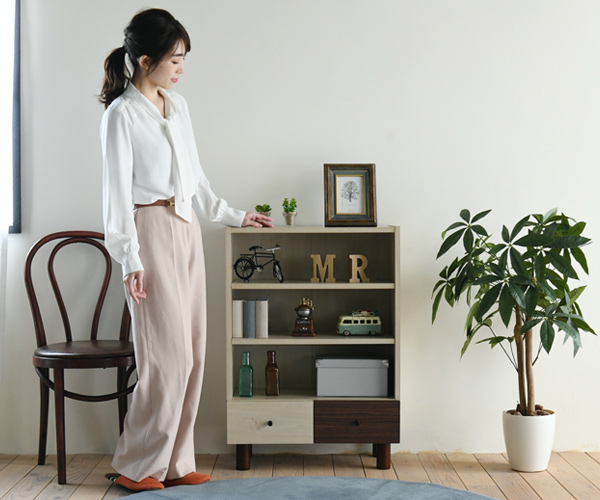 オープンラック 幅60cm 本棚 引出し付 ツートーン 積み重ね対応