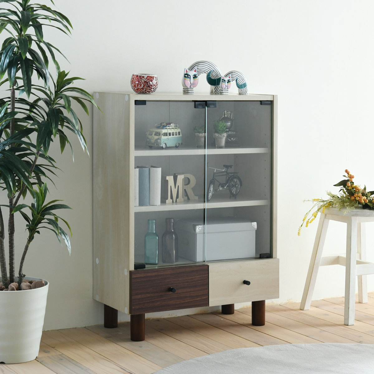 キャビネット 幅60cm ガラス扉 引出し付 ツートーン 積み重ね対応