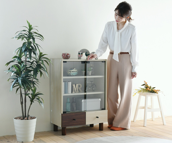 キャビネット 幅60cm ガラス扉 引出し付 ツートーン 積み重ね対応