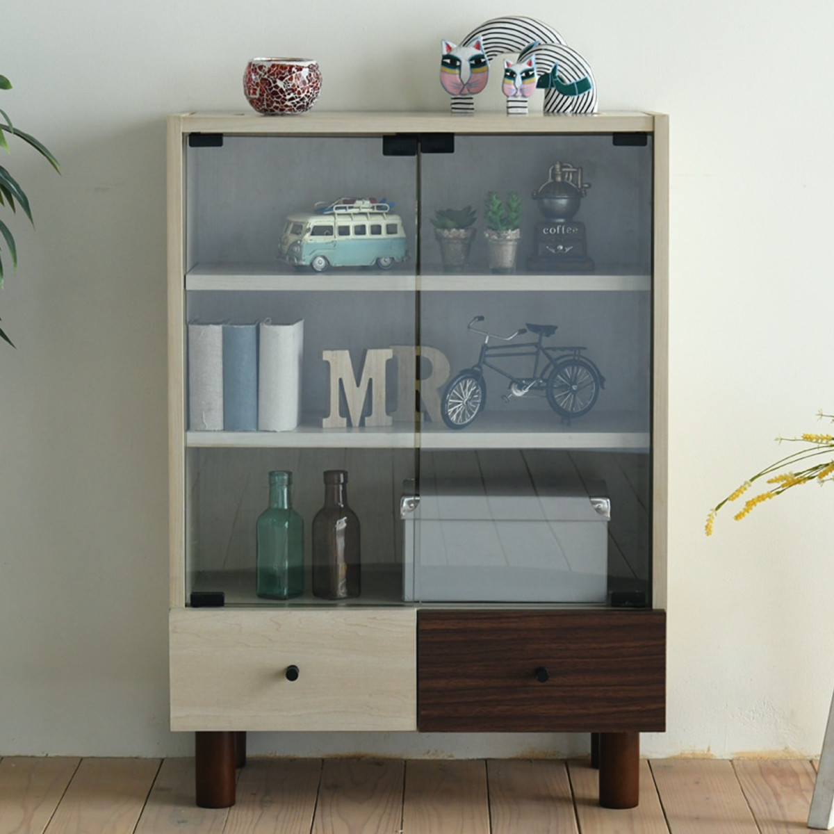 キャビネット 幅60cm ガラス扉 引出し付 ツートーン 積み重ね対応