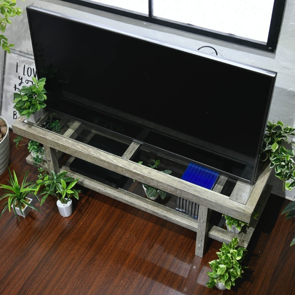 テレビ台 幅100cm ローボード ガラス天板 ヴィンテージ調 古木フレーム