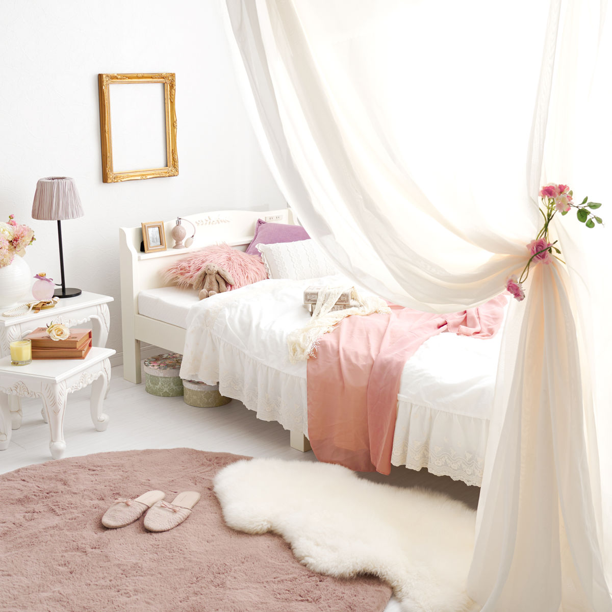 HAGiHARA（萩原） 姫系ベッド 3分組立 シングル 工具不要 宮棚 2口