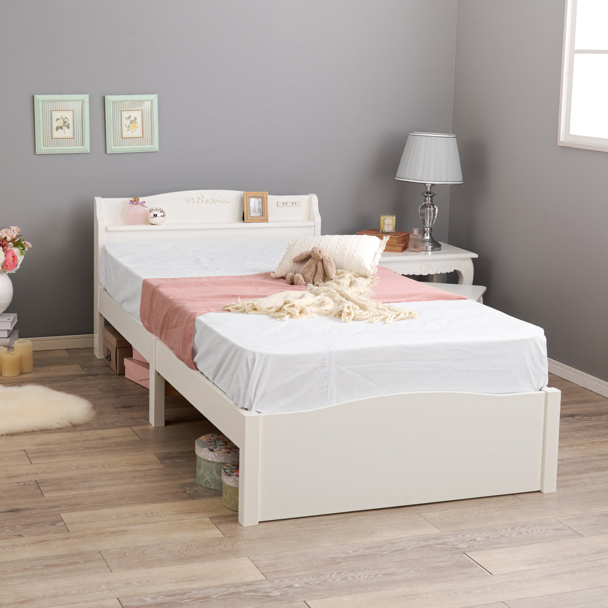 HAGiHARA（萩原） 姫系ベッド 3分組立 シングル 工具不要 宮棚 2口