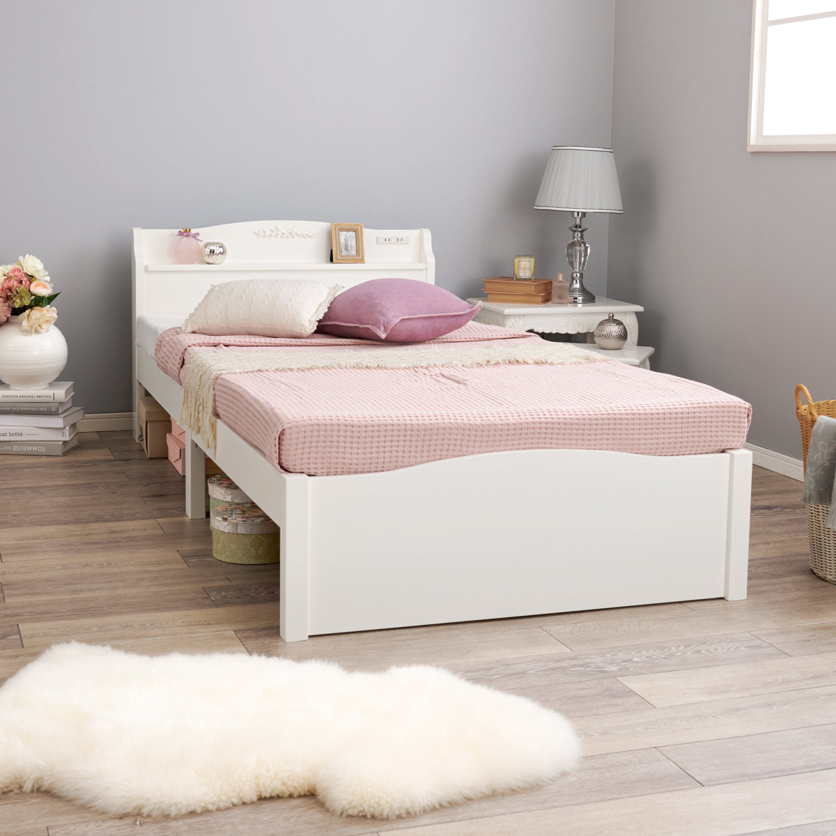 HAGiHARA（萩原） 姫系ベッド 3分組立 シングル 工具不要 宮棚 2口