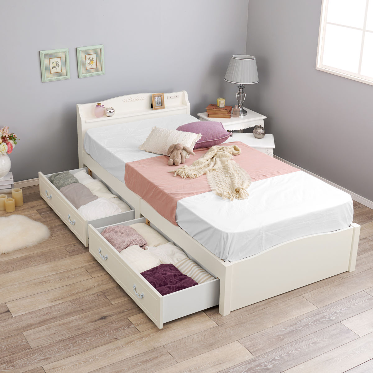 HAGiHARA（萩原） 姫系ベッド 引出し収納 3分組立 シングル 工具不要