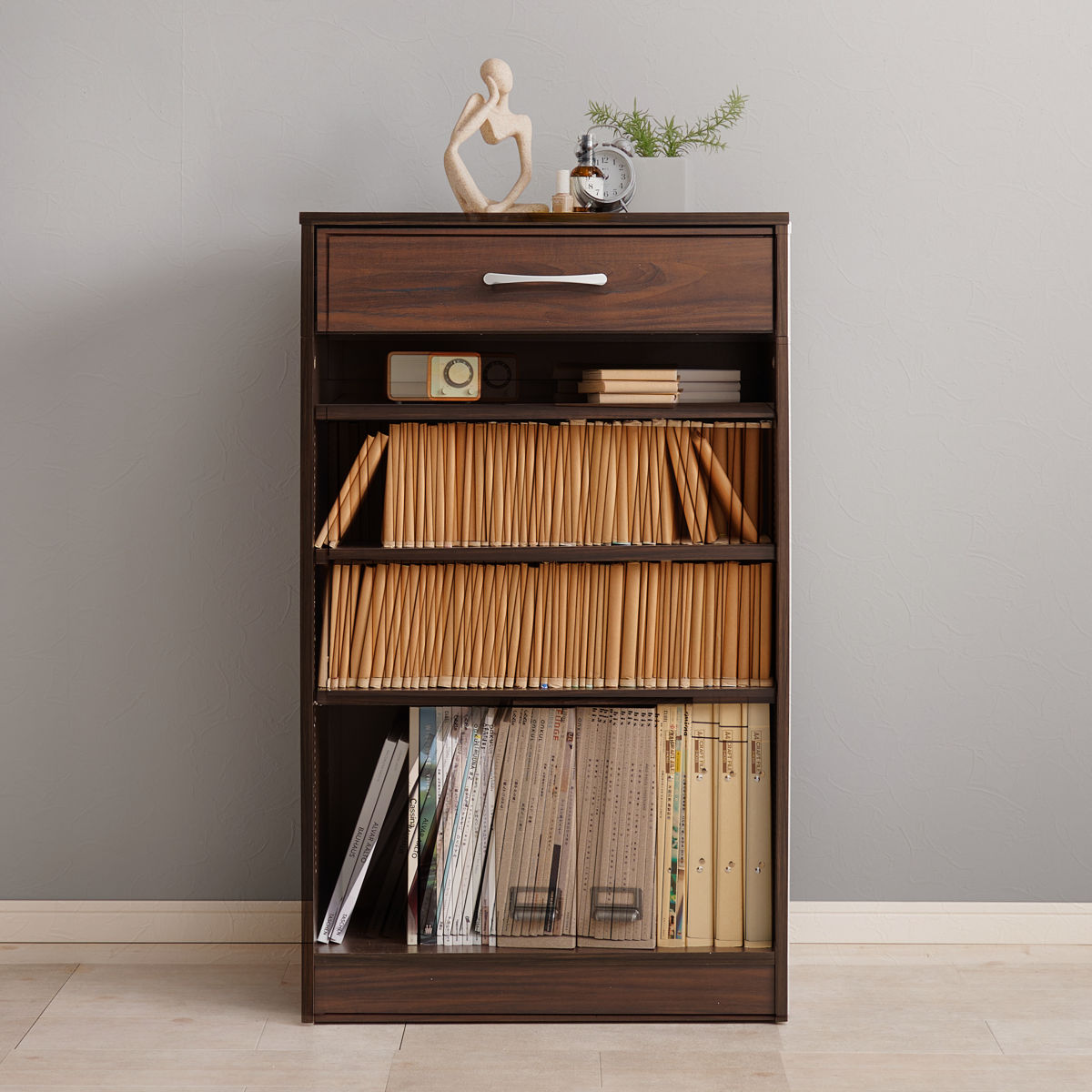 HAGiHARA（萩原） 1cmピッチ可動 本棚 幅60cm 可動棚3枚 引出し付