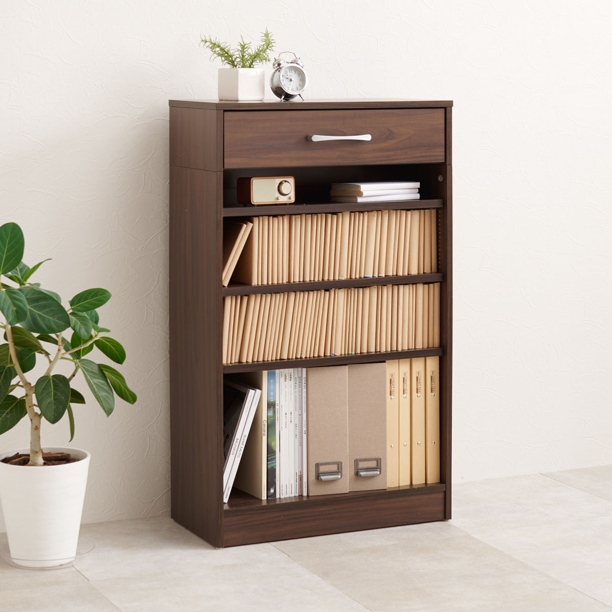 HAGiHARA（萩原） 1cmピッチ可動 本棚 幅60cm 可動棚3枚 引出し付