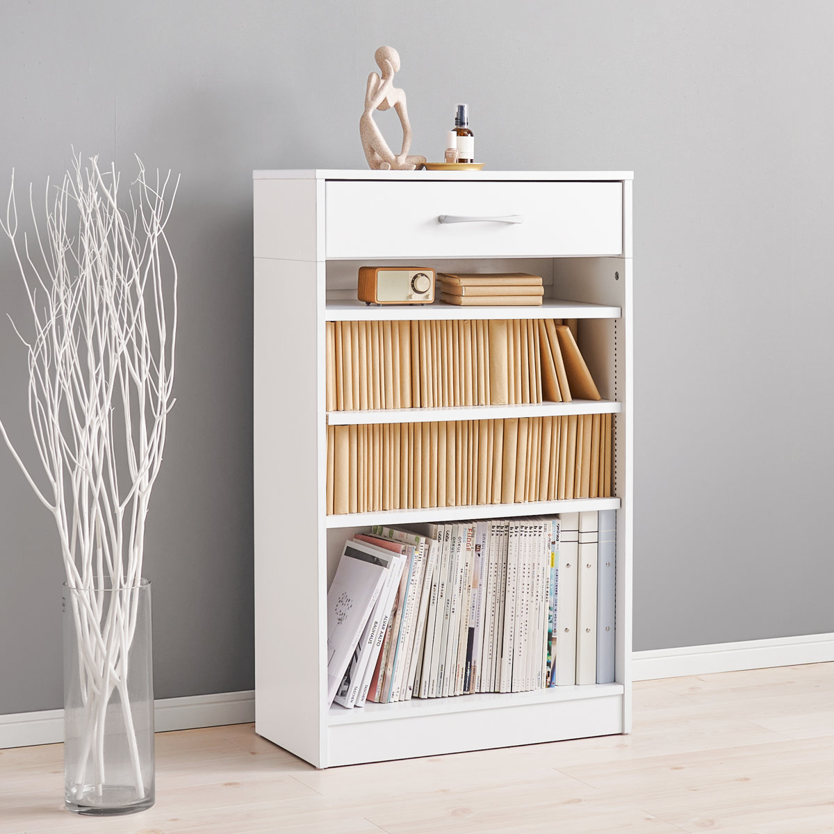 HAGiHARA（萩原） 1cmピッチ可動 本棚 幅60cm 可動棚3枚 引出し付