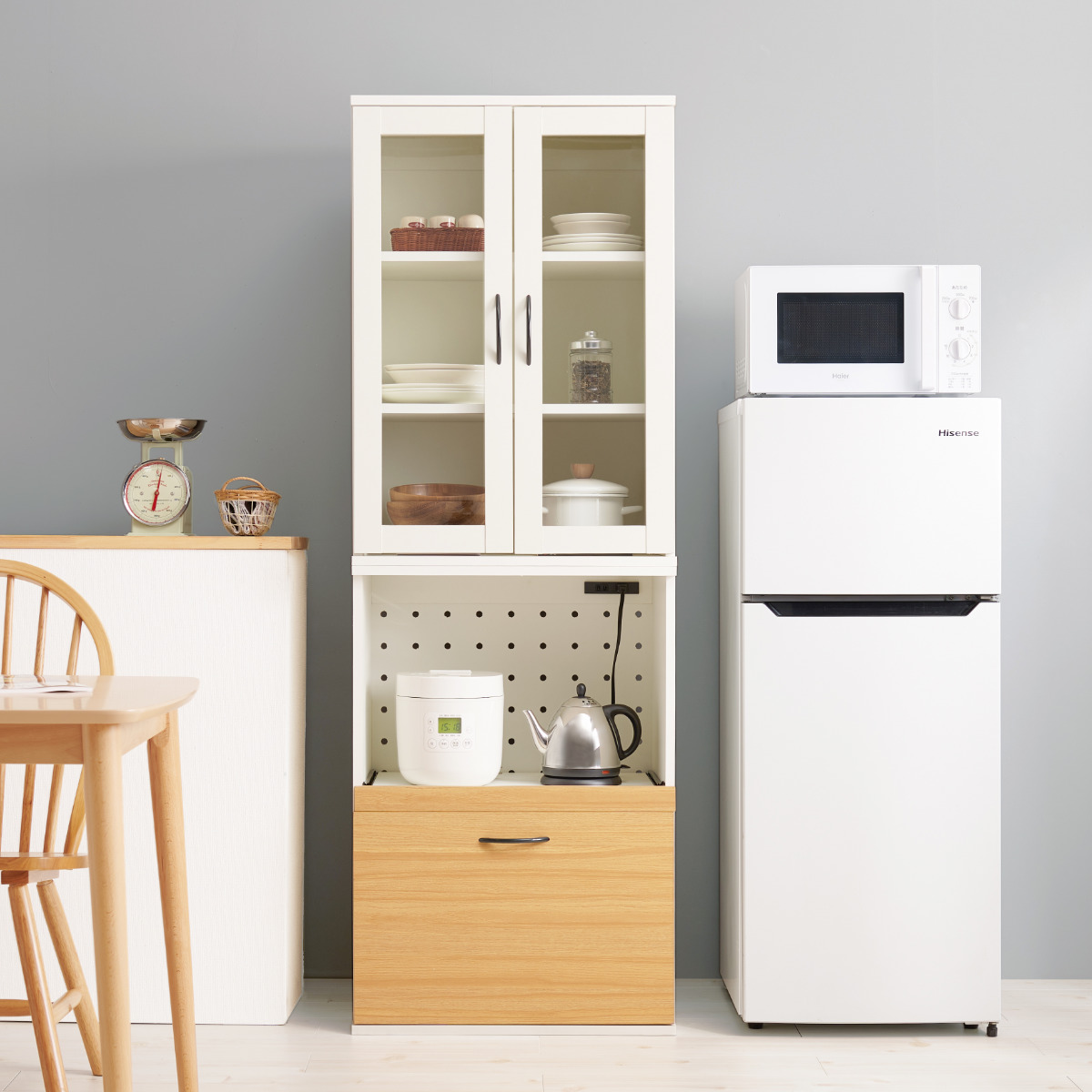 HAGiHARA（萩原） 並べて使える 食器棚 幅60cm 2口コンセント スライド