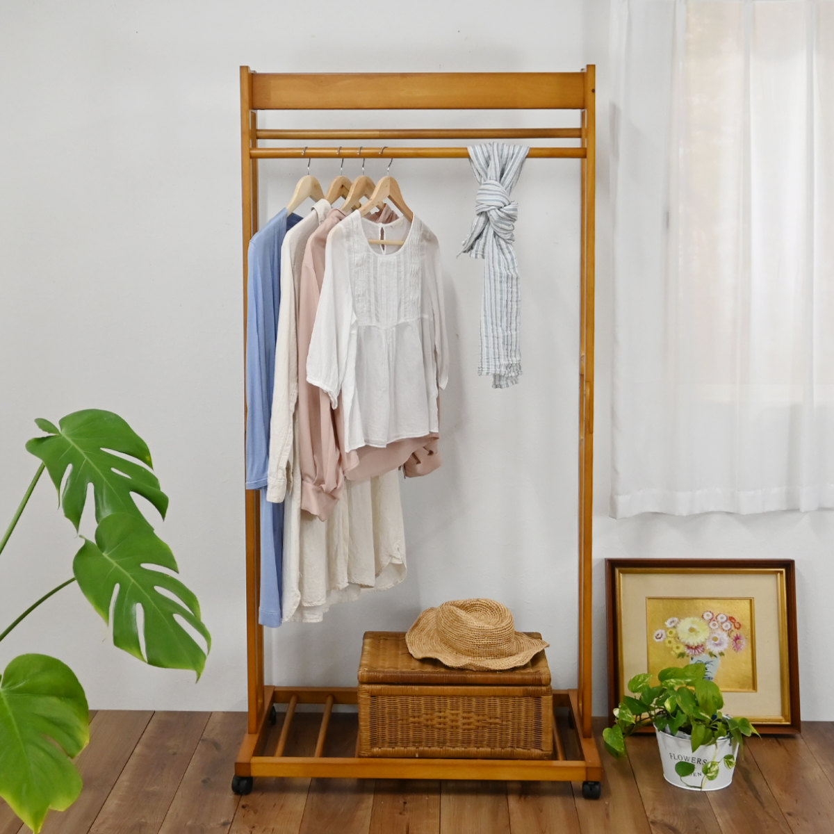 フクダクラフト ハンガーラック ダブル 幅81cm 2段 キャスター付 木製