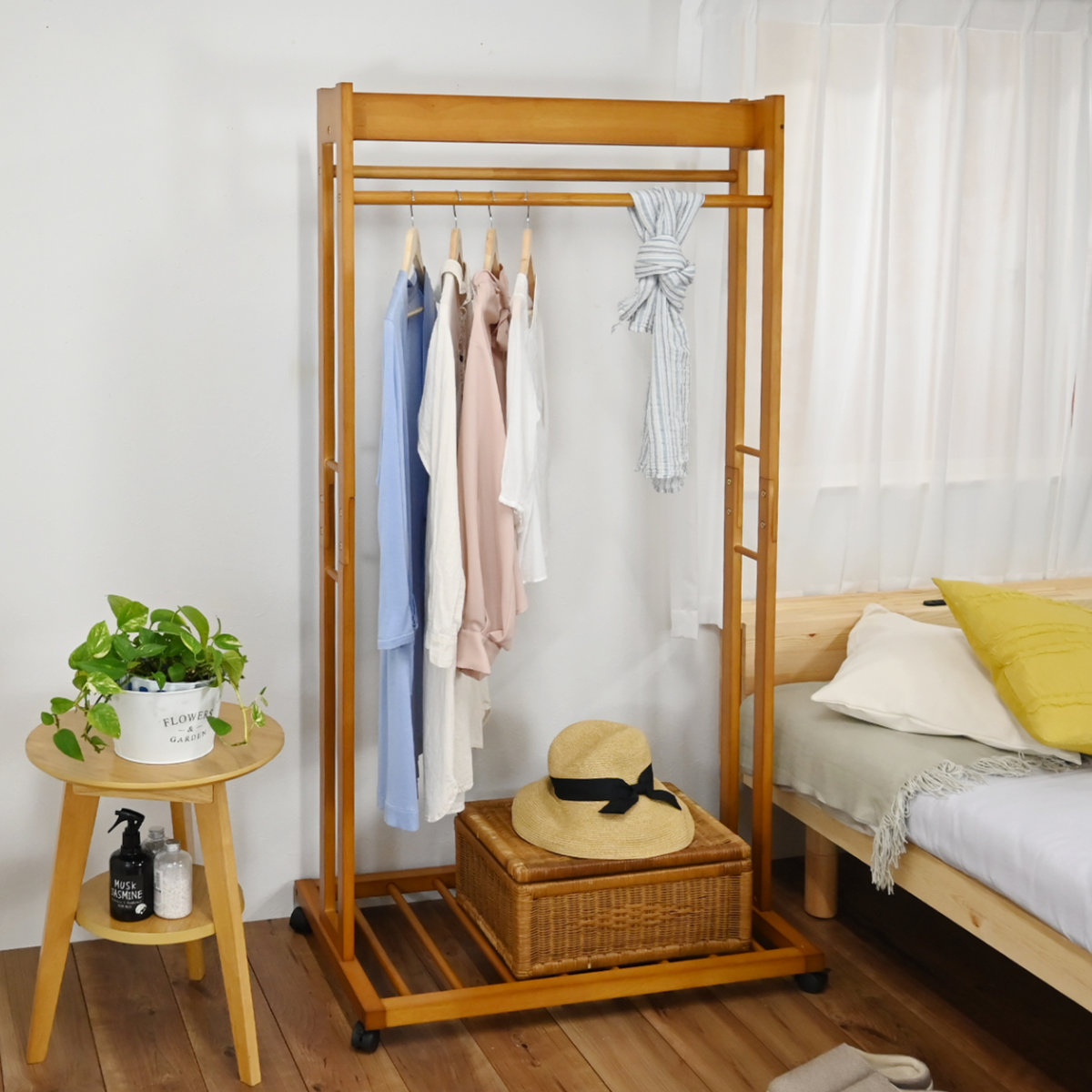 フクダクラフト ハンガーラック ダブル 幅81cm 2段 キャスター付 木製