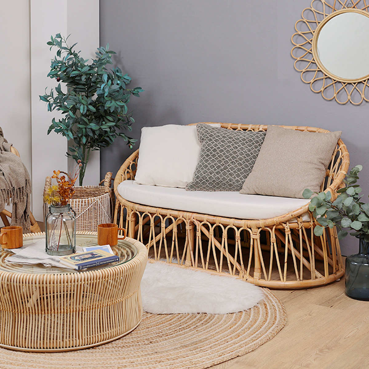 ラタンソファ ラタン 2人掛け 座面高37cm クッション付 Breeze （ 開梱