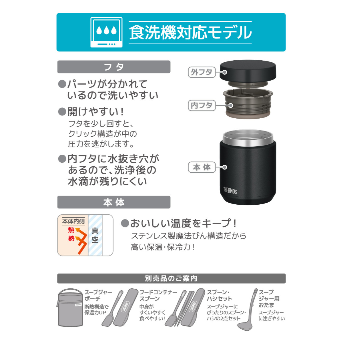 【新品、未使用】THERMOS 真空断熱フードジャー スプーン付 マットブラック THERMOS（サーモス） スープジャー 500ml 真空断熱スープジャー