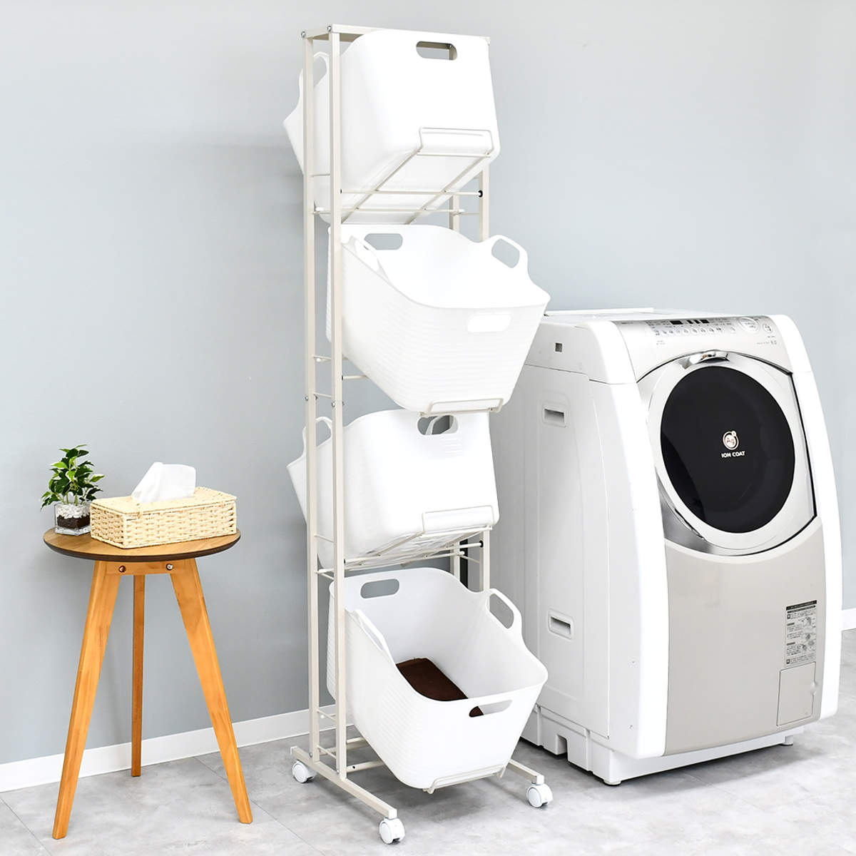 【新品】ワイド　ランドリーチェスト　ワゴン　バスケット4個　アウトレット ランドリーバスケット 4段 スイング式 バスケットラック （ ランドリー