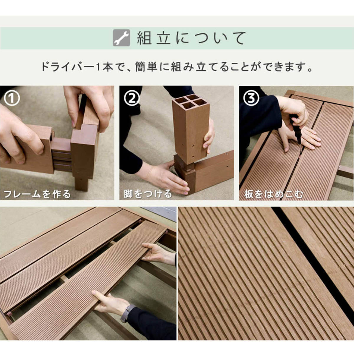 人工木ウッドデッキ ecofeel エコフィール 3台 ステップ・フェンスセット 0.75坪 （ ガーデンデッキ 人工木デッキ 人工木 DIY 縁台 ぬれ縁 90×90cm ）の画像