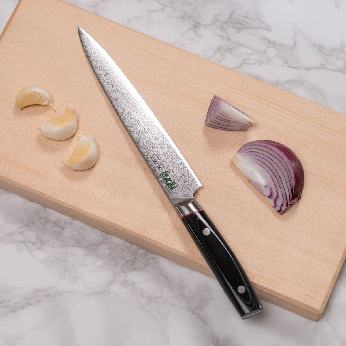 筋引包丁 21cm 九間丁 ダマスカス鋼割込 黒マイカルタ 堺刀司 日本製