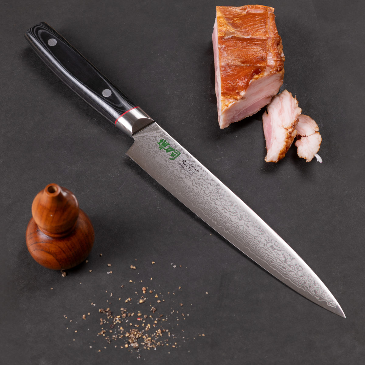 筋引包丁 21cm 九間丁 ダマスカス鋼割込 黒マイカルタ 堺刀司 日本製