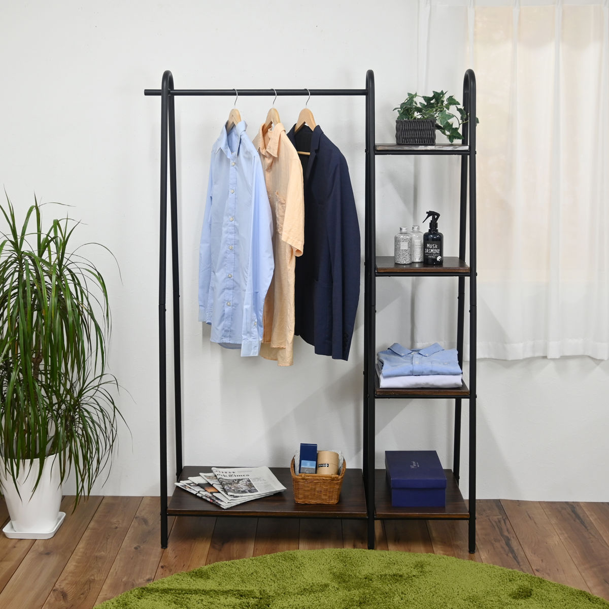 フクダクラフト ハンガーラック 幅109cm 棚付き スチールフレーム 木板