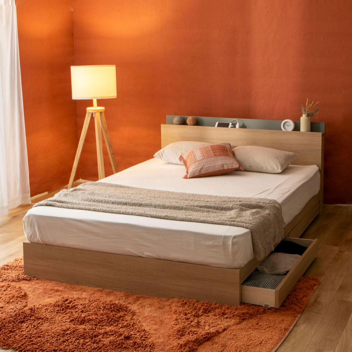 収納付きベッド ダブル ツートン 2口コンセント 日本製 Apel （ ベッド