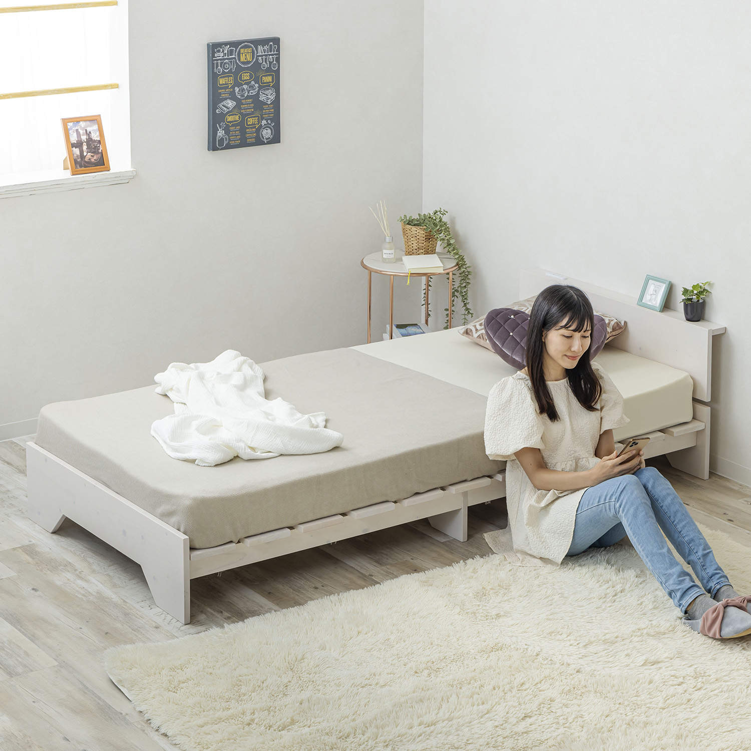 サン・ハーベスト ベッド シングル 宮棚付き ステージタイプ 天然木