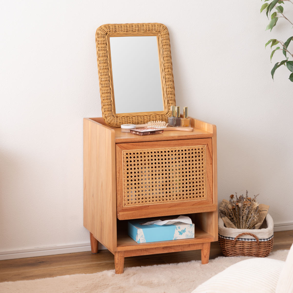 東谷 サイドテーブル 高さ52cm 引出し付 ラタン ナイトテーブル （ 机