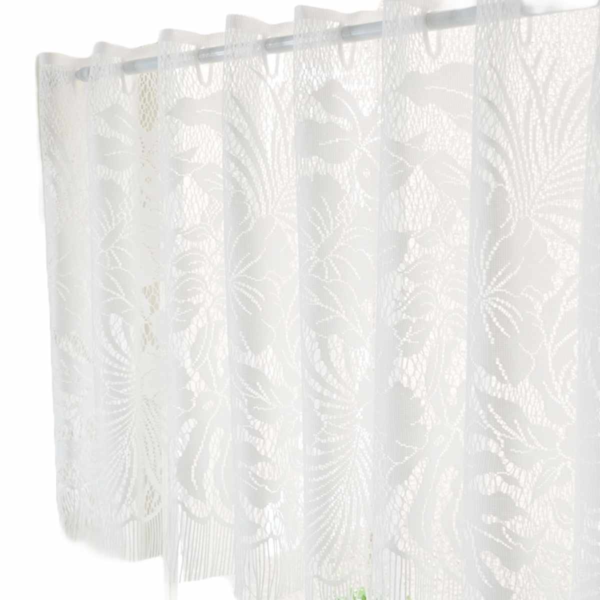 レースカーテン カフェカーテン ボタニカル柄 145×45cm フリンジ付き