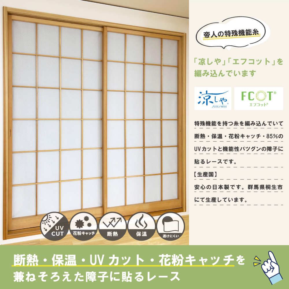 障子紙 障子に貼るレース 100cm×200cm 2枚入 ( レース障子 障子レース 貼るだけ 断熱 花粉 ホコリ UVカット 目隠し ) 関連画像2
