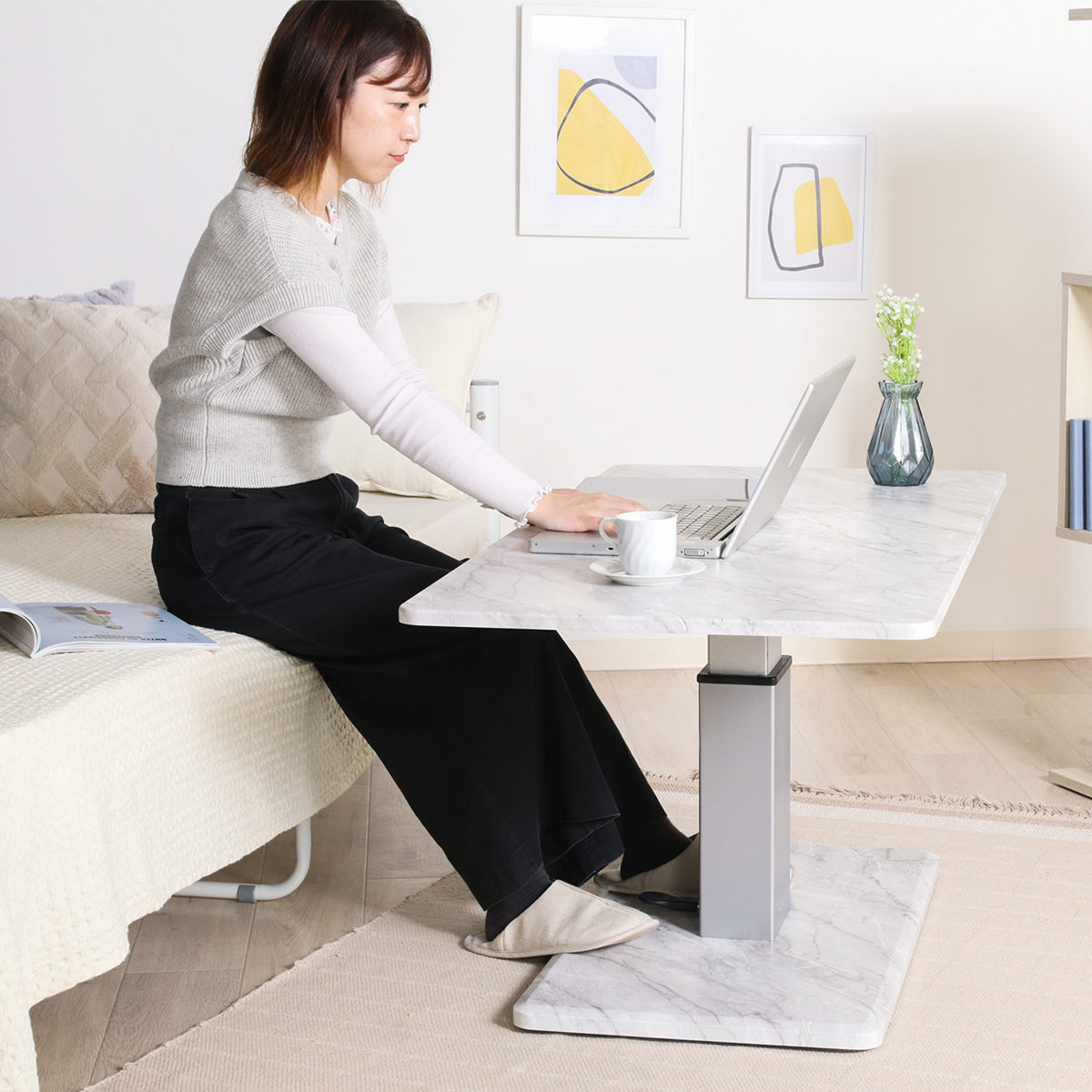 不二貿易（Fuji Boeki） リビングテーブル 昇降式 幅120cm 大理石柄