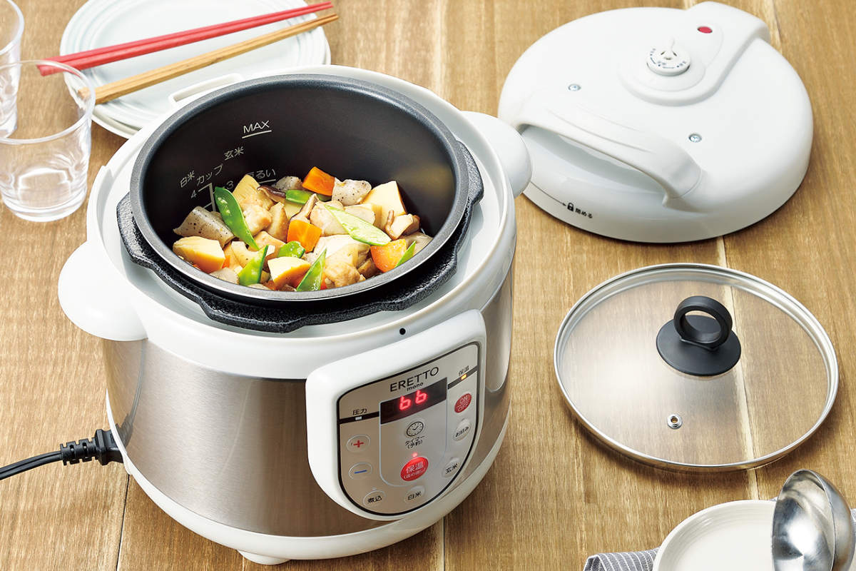 ERETTO 電気圧力鍋 シルバー 新品　未使用品 タマハシ 電気圧力鍋 3L ERETTO mono レシピ付き （ 圧力鍋 圧力式電気