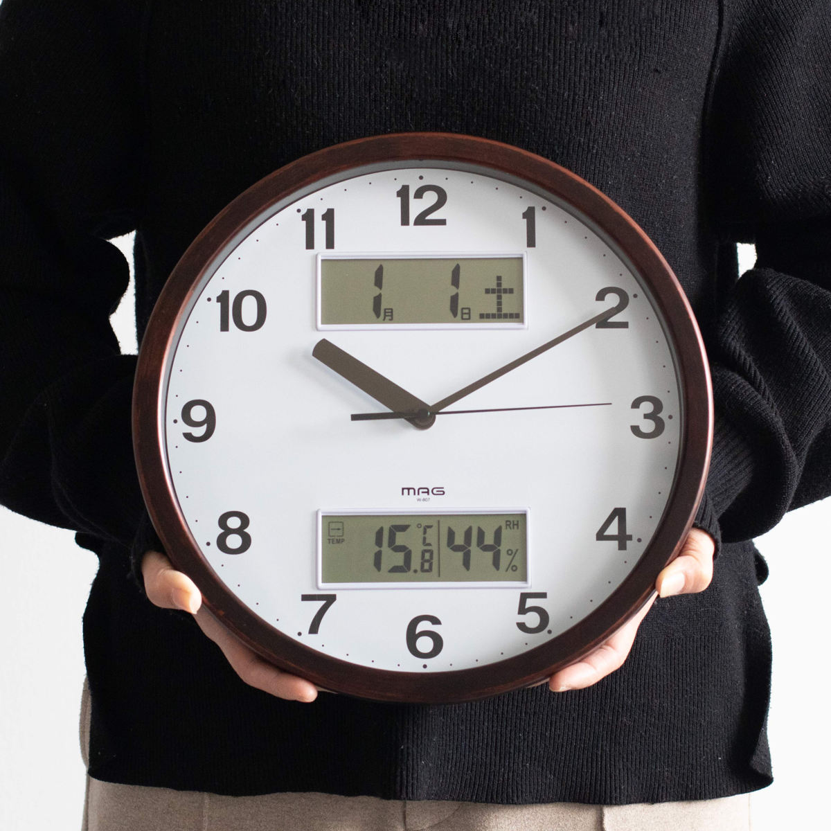 掛け時計 MAG ダブルポイント 連続秒針 カレンダー付き 温湿度計付き