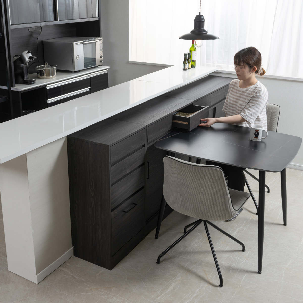 カウンター下収納 キャビネット 幅110cm 引戸 黒木目 （ blacker