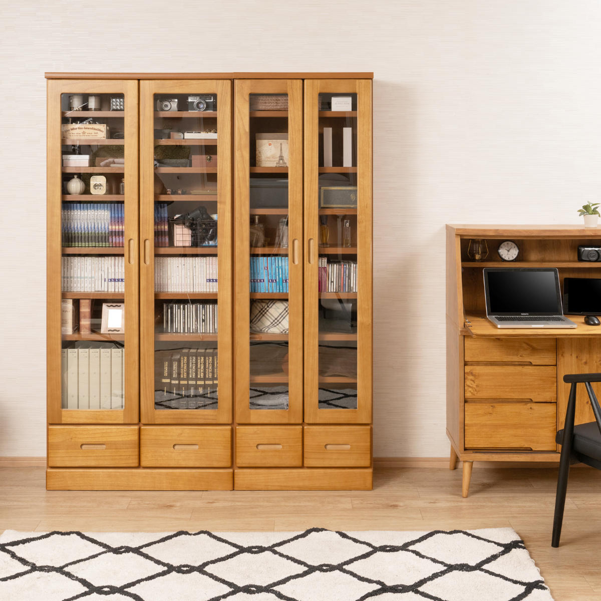 本棚 ガラス扉 幅59.5cm 桐材 完成品 日本製 （ 食器棚 棚 ラック 可動