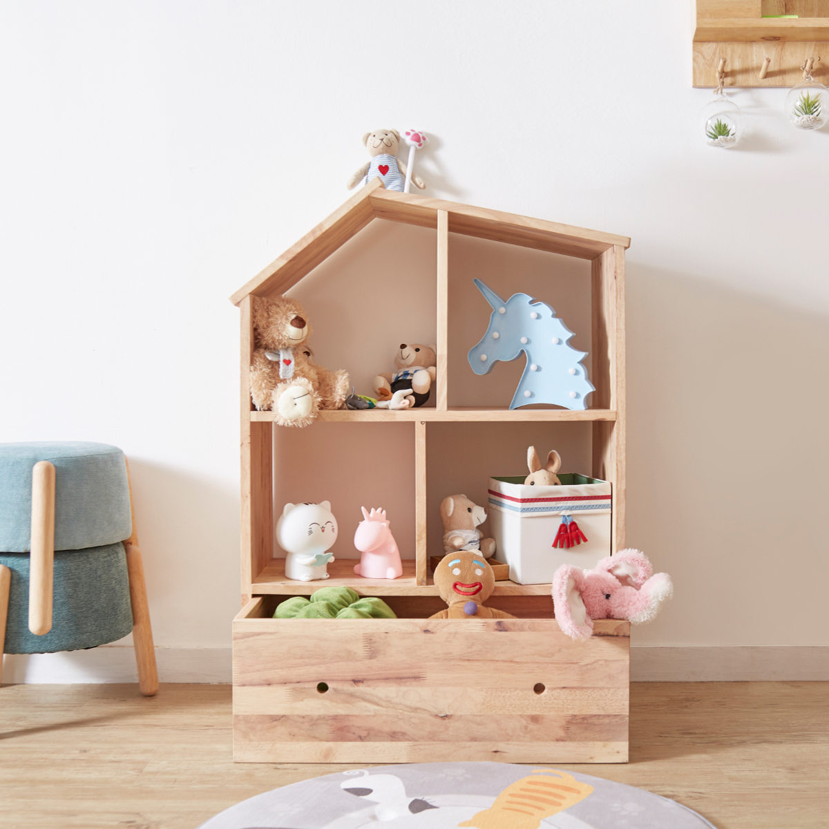 ハウスシェルフ 幅73.6cm 引出し付き ラバーウッド 無垢材 （ シェルフ