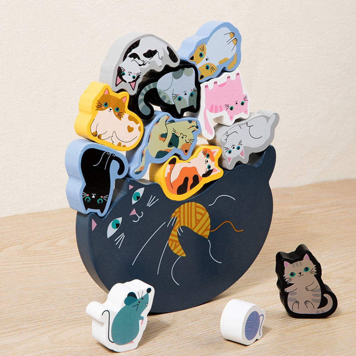 11匹にゃんこ バランス積み木 猫 室内遊び （ 積み木 知育玩具 おもちゃ 木のおもちゃ 積木 つみき 木製 動物 どうぶつ かわいい バランスゲーム ）