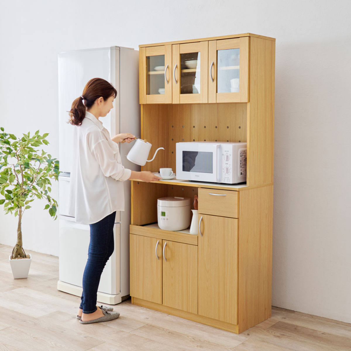キッチンボード 幅89cm 鏡面白×こげ茶 家電ボード 食器棚キッチン収納 