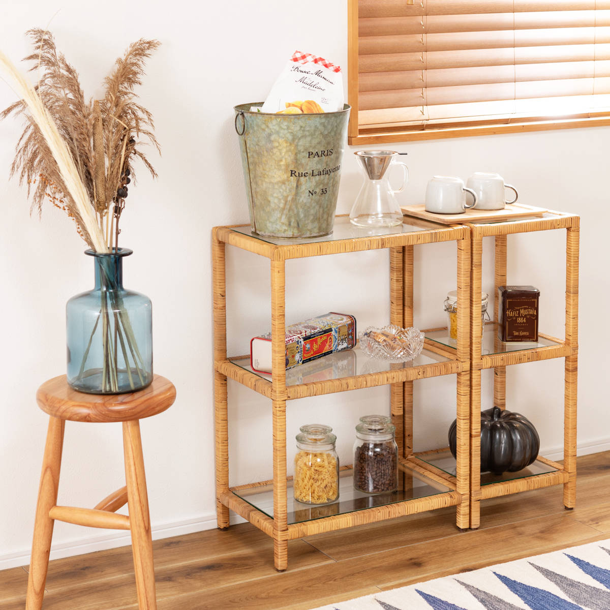 東谷 籐 オープンラック 幅50cm 3段 強化ガラス （ ラック