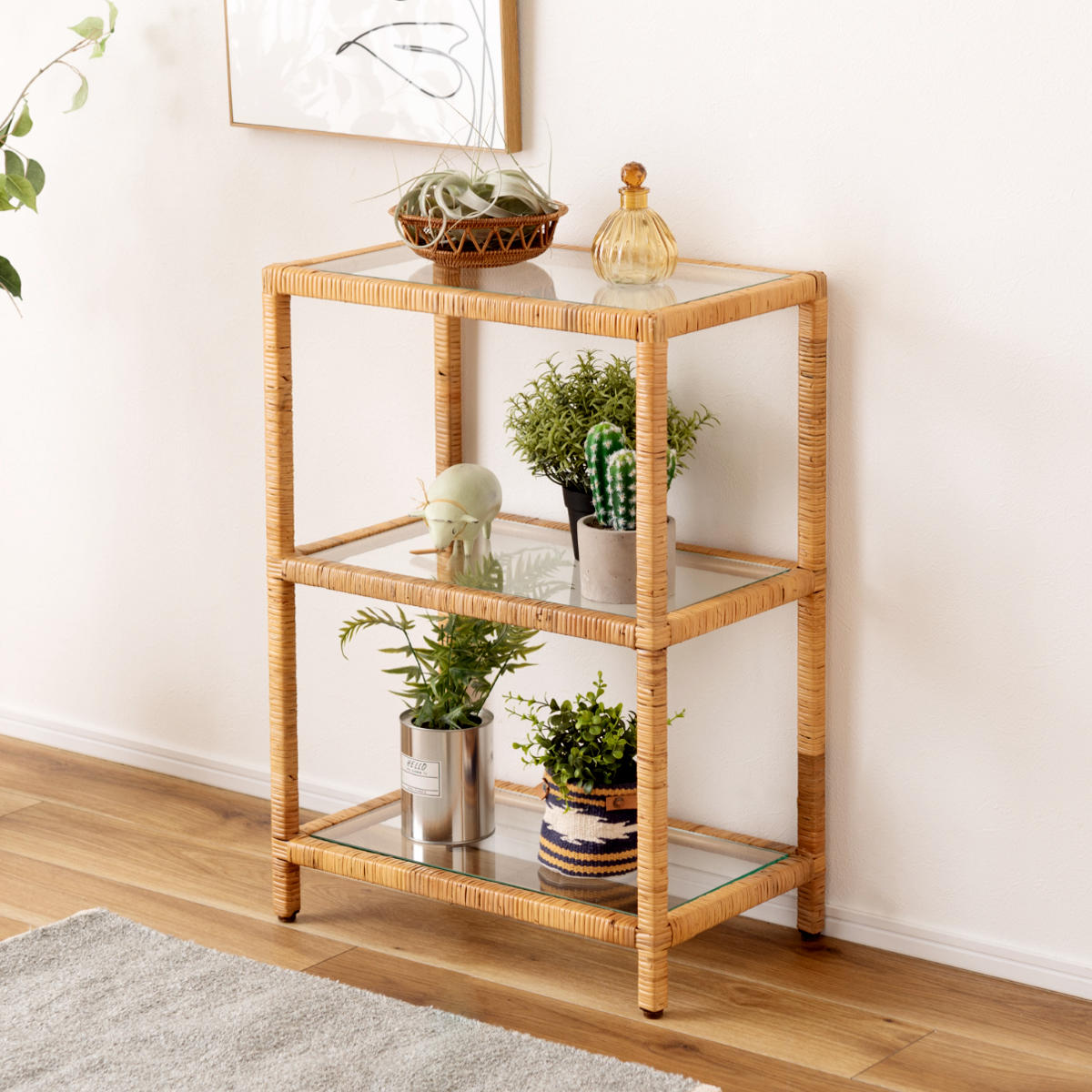 東谷 籐 オープンラック 幅50cm 3段 強化ガラス （ ラック