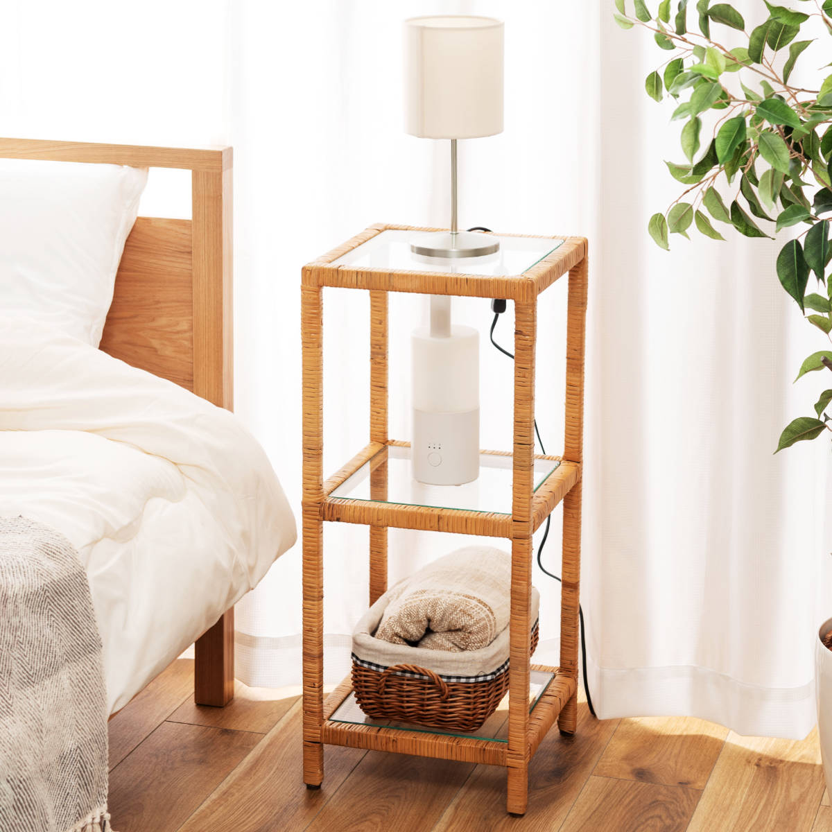 東谷 籐 オープンラック 幅50cm 3段 強化ガラス （ ラック