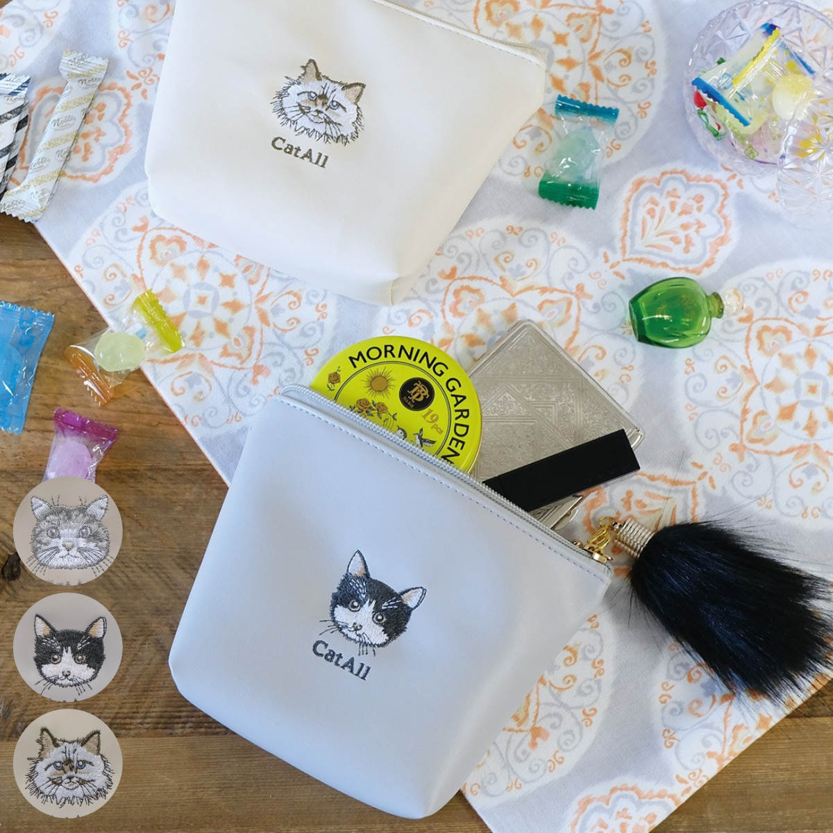 ポーチ キャットオール 船形 フェイス 刺繍ポーチ （ コスメポーチ 化粧ポーチ コスメ メイク 収納 小物入れ かわいい 猫 ねこ アニマル 刺繍 ）