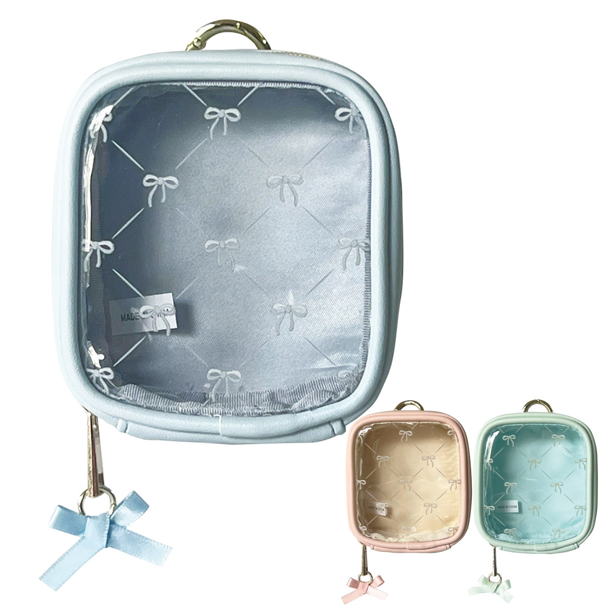 ポーチ リボン カラビナ クリアミニポーチ カラビナ付き （ 透明 ビニール ミニポーチ コスメ ぬいぐるみ 収納 持ち運び 収納ポーチ 小物入れ ）