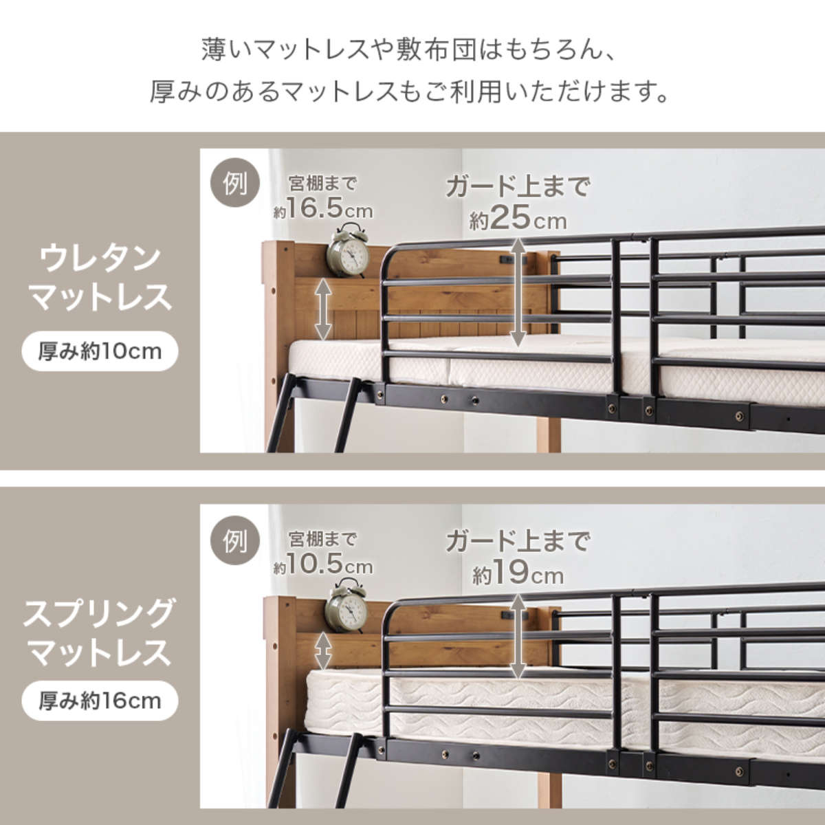 HAGiHARA（萩原） ロフトベッド 天然木×スチール ロータイプ シングル