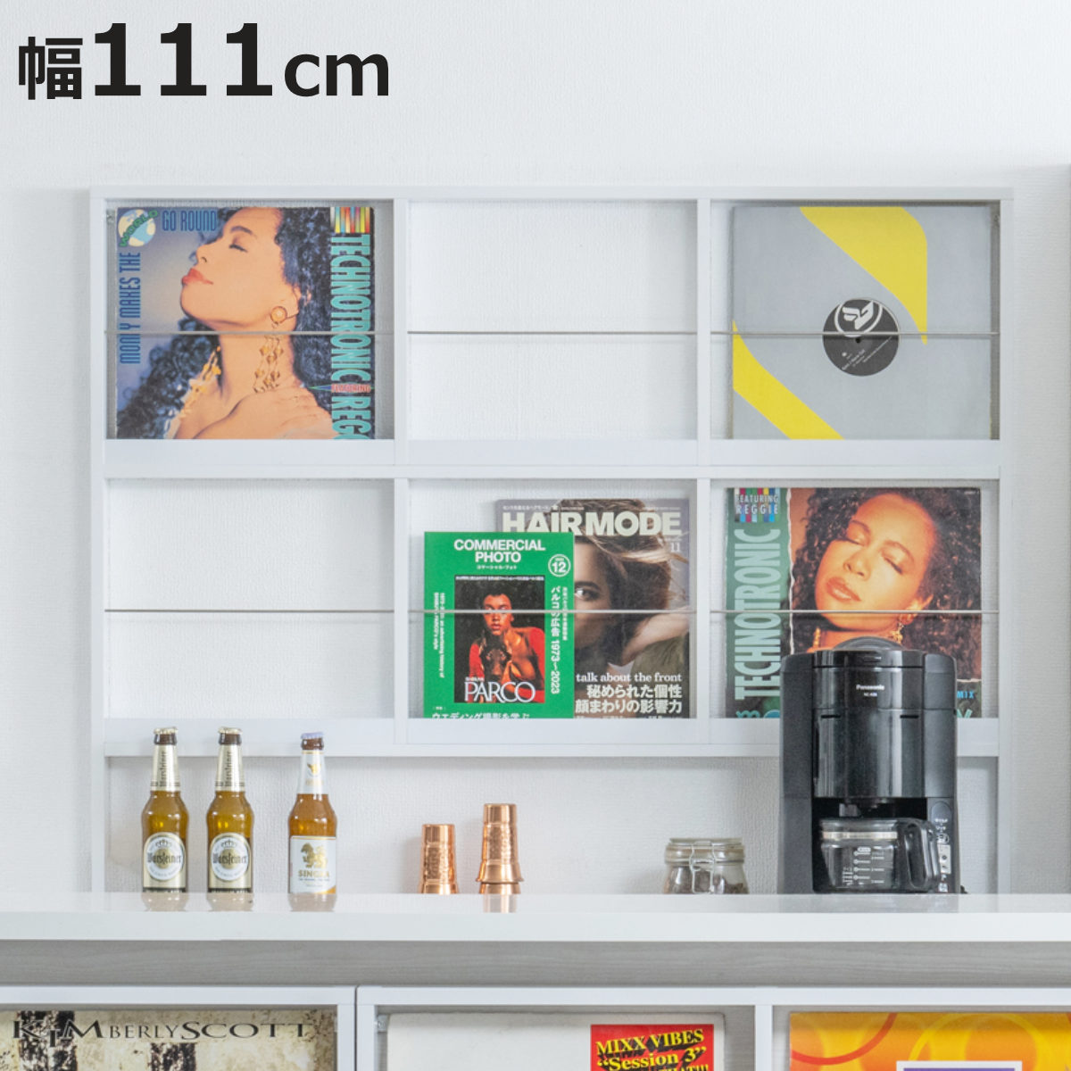 壁面レコードラック 幅111cm 6マス ホワイト （ レコードラック 壁面 ラック 棚 ディスプレイ 収納 ）