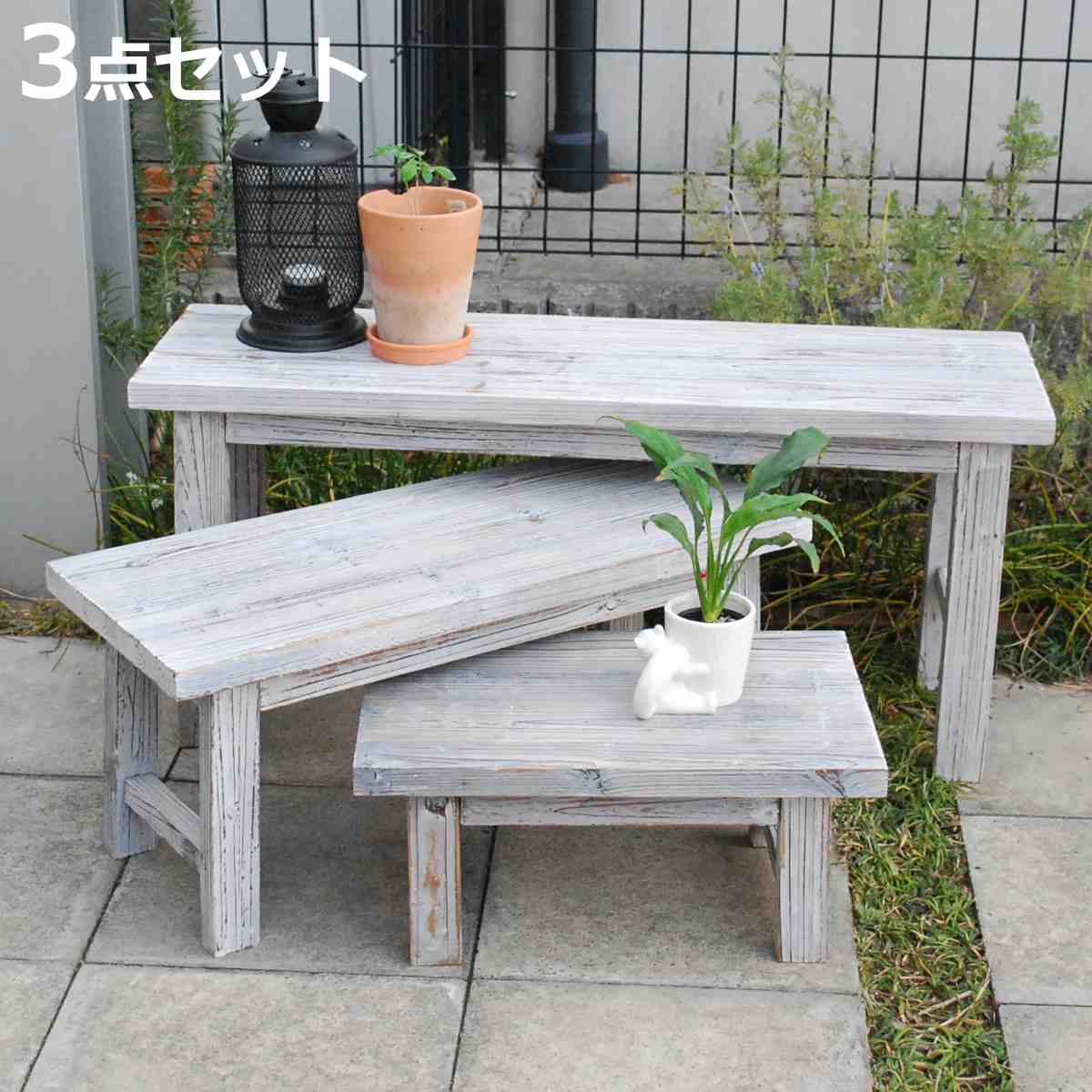 花台 ホワイトスツール風花台 ロータイプ 3点セット （ プランター台 フラワーラック 飾り台 プランターラック フラワー スタンド 木 スクエア ）