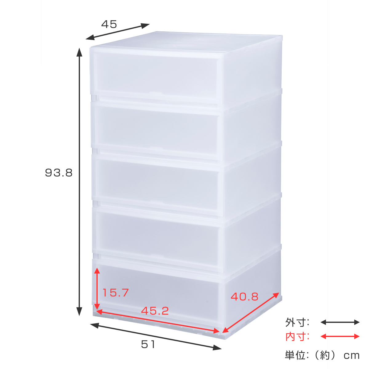 収納ケース プラスト 半透明タイプ 5段 幅51×高さ93.8cm FR5105 （ 収納ボックス 収納チェスト 引き出し プラスチック おもちゃ箱 クローゼット 収納 ）_2