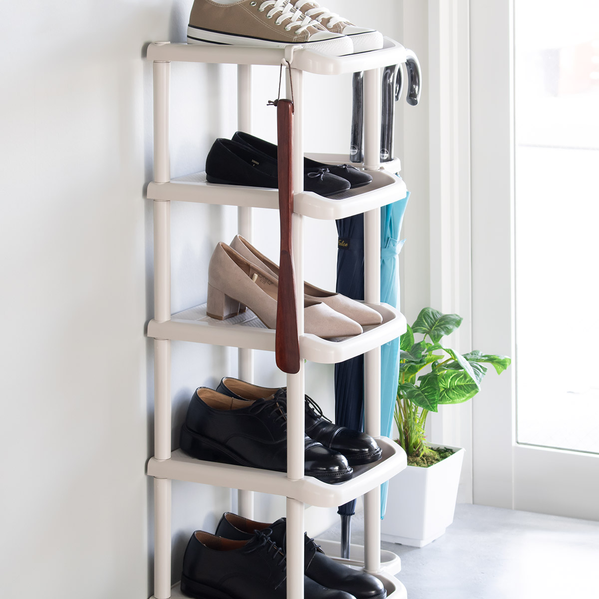シューズラック 5段 傘立て付き （ シューズスタンド 靴収納 玄関 下駄