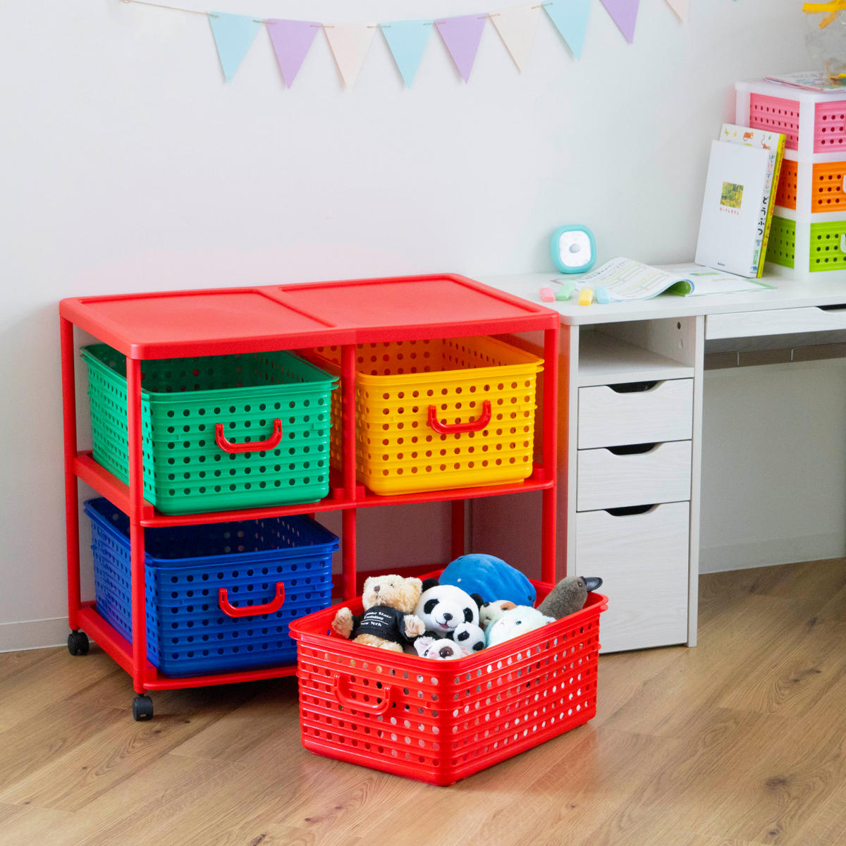 おもちゃ箱 幅87cm バスケットラック 2段 キャスター付き バスケット 4