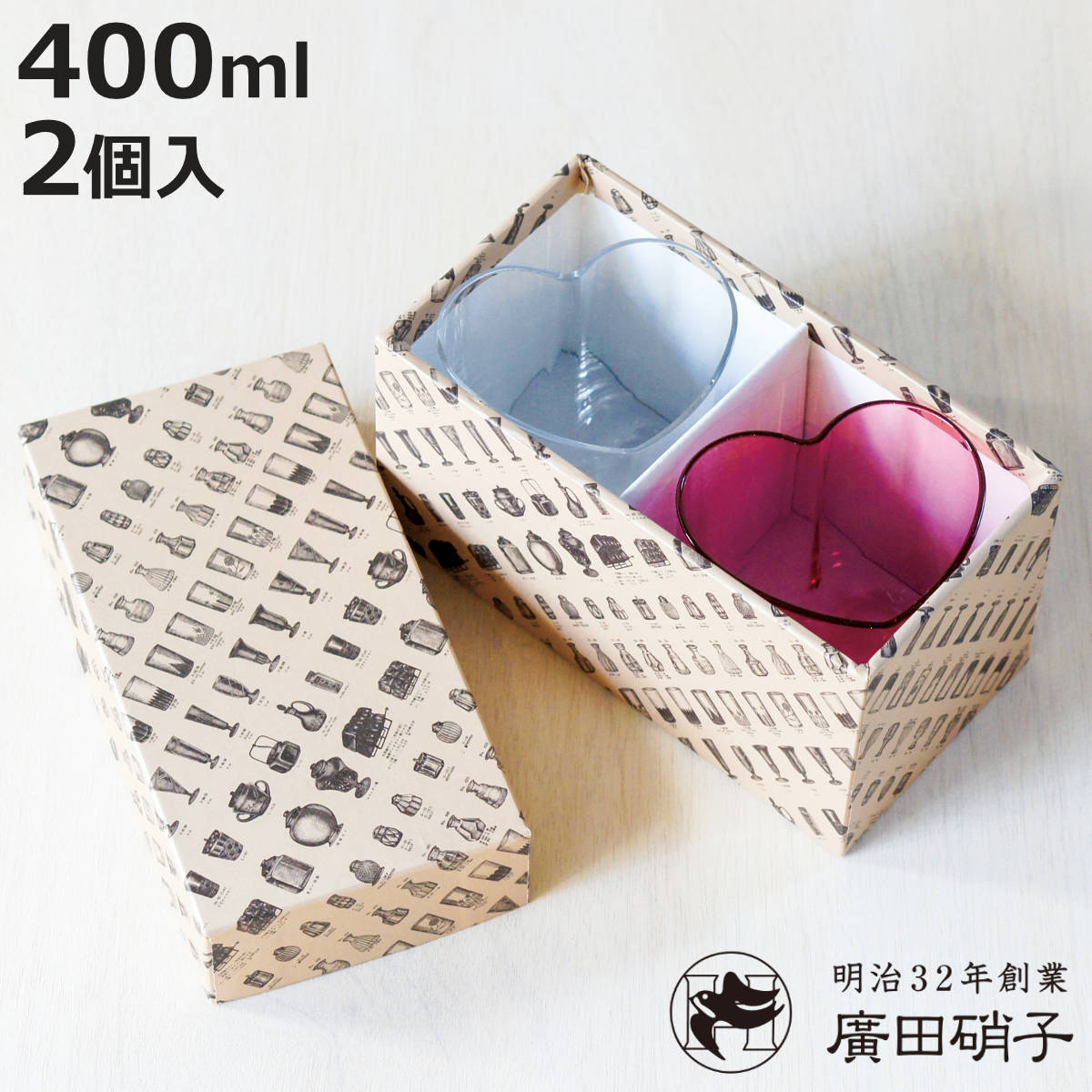 廣田硝子 ハート型 グラスペアー クリア＆ピンク （ ガラス 日本製 コップ カップ デザート 食器 デザート食器 ）