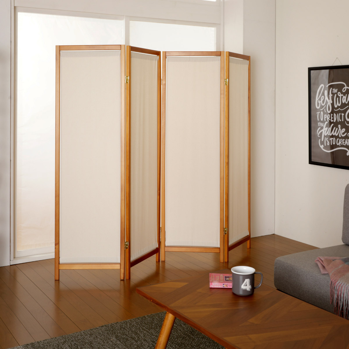 衝立 4連 高さ150cm 帆布 和風 天然木 完成品 （ パーテーション 間仕切り 目隠し パーティション スクリーン 屏風 自立 折りたたみ ）_4
