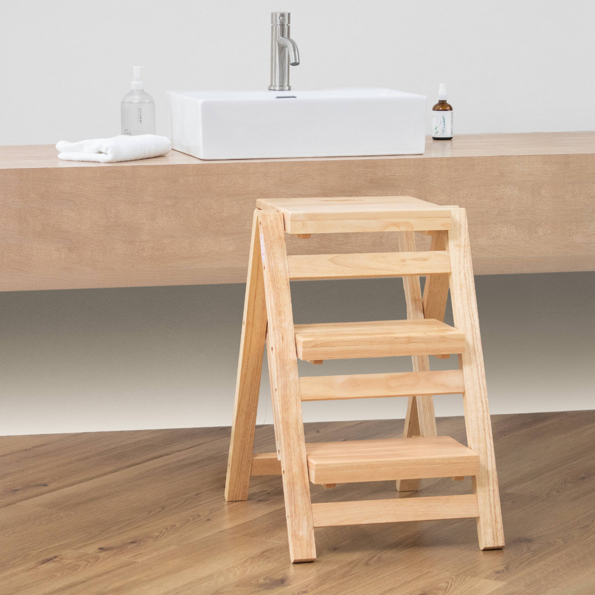 弘益 踏み台 幅43cm 3段 折りたたみ 天然木脚立 ステップチェア